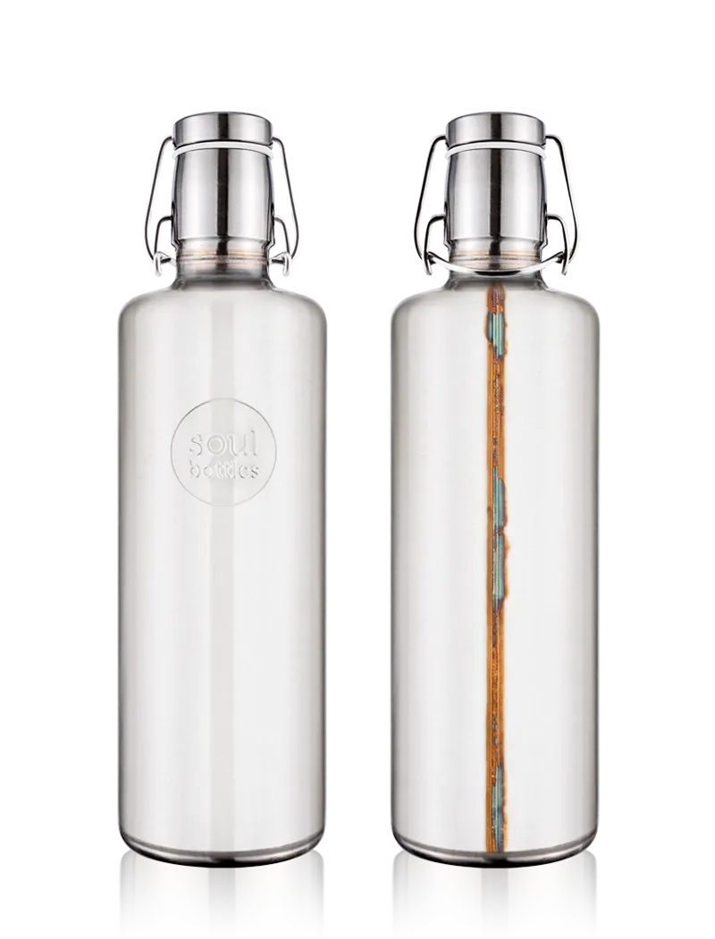 Trinkflasche aus Edelstahl im used look unfinished Front und Rückansicht 